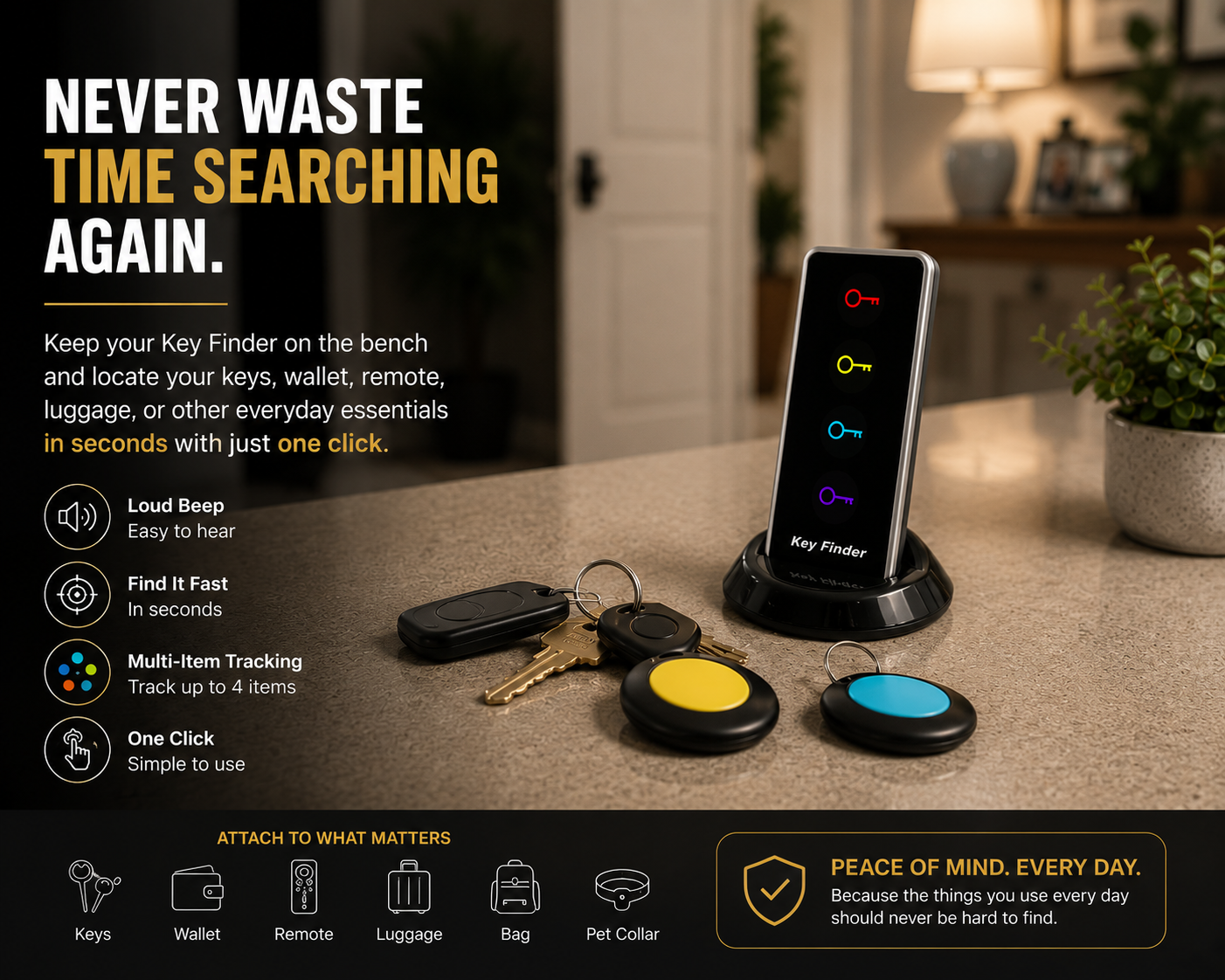 4-in-1 Wireless Key Finder with LED Torch | 1 Remote + 4 Receivers